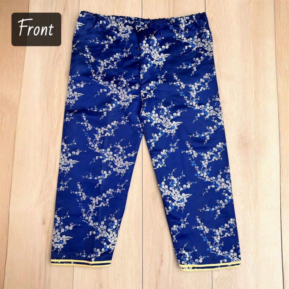 Vintage Chinese Blue Plum Blossom Satin Jacquard Cropped Pajama Pants 34" Waist - Picture 13 of 16